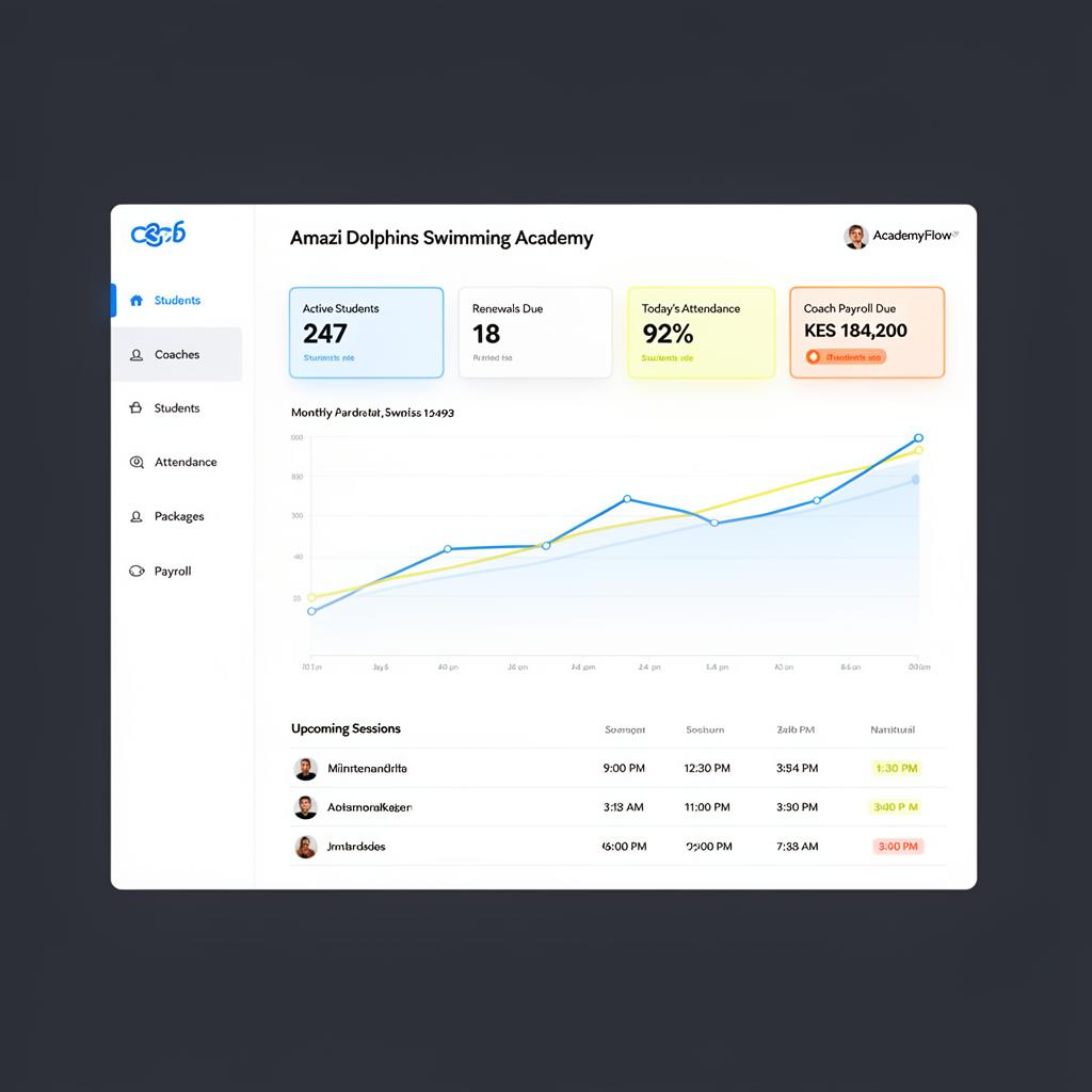 AcademyFlow dashboard showing students, attendance, and payroll